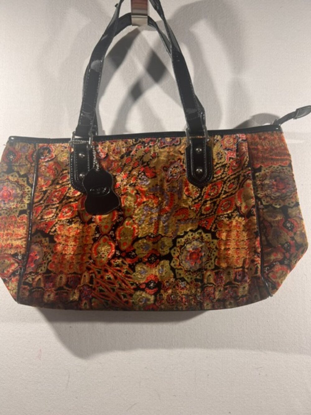 Vintage Sax Brand Tapestry Shoulder Bag Boho Paisley Carpet Tote Black Patent‎